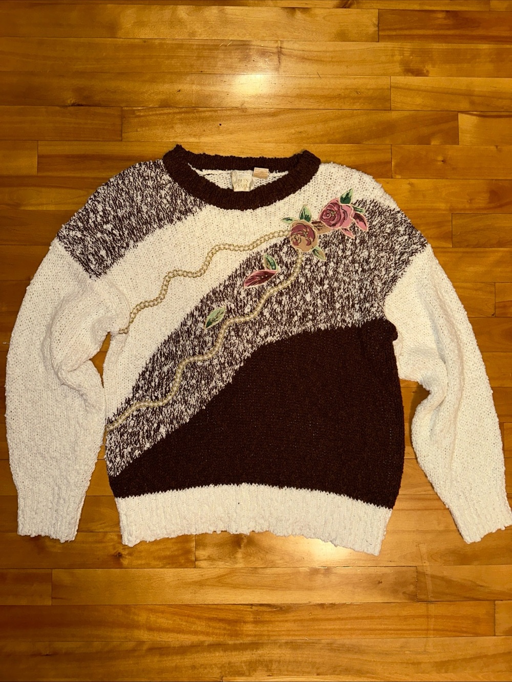 Vintage Needles & Yarn Floral Beaded Sweater Large Brown Cream Colorblock 80s 90